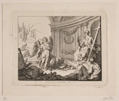 Vignet. T.v. en engel, t.h. siddende figur med kors