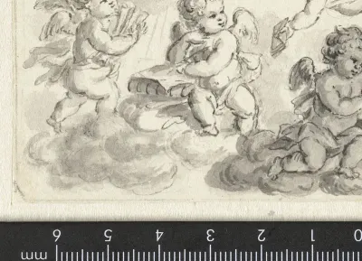 Vignet van putti op wolken met boeken