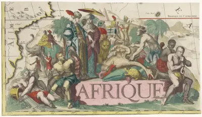 Vignet voor een kaart van Afrika met dieren en figuren