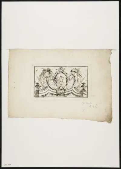 Vignette with architecture and putti in a cartouche
