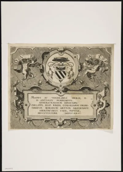 Vignette with attributed text, scrollwork, coat of arms and putti