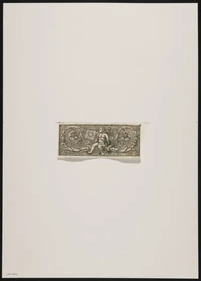 Vignette with putti blowing a horn, surrounded by leafy vines