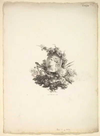Vignette with the Head of Bacchus on a Cornelian, Tome I, Page 242, from Description des Principales Pierres gravées du Cabinet de S.A.S. Monseigneur le Duc d'Orléans Premier Prince du sang. A Paris chez M. l'abbé de la Chau au Palais-Royal M. l'abbé