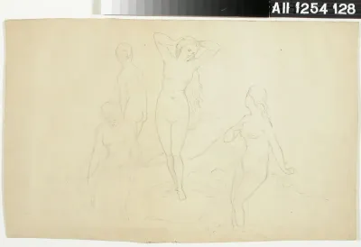 Viisi alastonta naista, mahdollisesti kylpijöitä ; Puolialaston merelle katsova polvistunut nainen (kaksipuolinen teos)