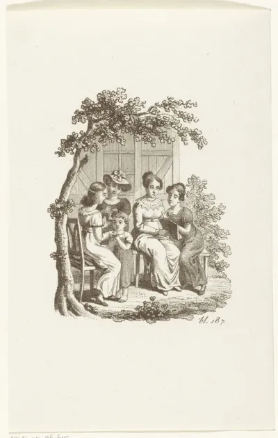 Vijf dames zitten in tuin en lezen en handwerken