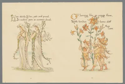 Vijf figuren in bloemenkostuum