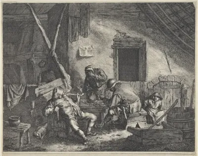 Vijf figuren in een herberg