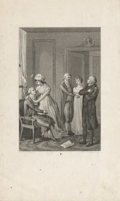 Vijf figuren in een interieur