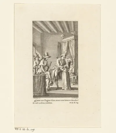Vijf figuren in een slaapkamerinterieur