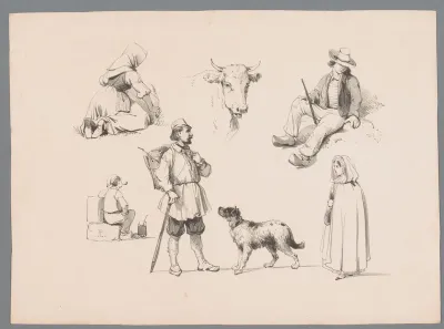 Vijf figuurstudies met hond en rund