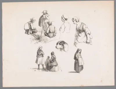 Vijf figuurstudies met onder andere een groep rustende reizigers en een hond