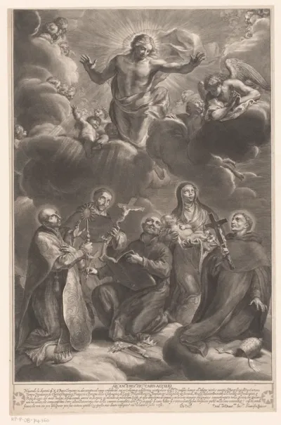 Vijf heiligen aanbidden Christus, die omringd door engelen in de hemel boven hen verschijnt