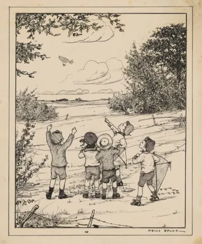 Vijf jongens kijkend naar een zeppelin