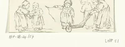 Vijf kinderen met een kruiwagen
