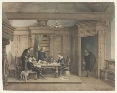 Vijf mannen in interieur