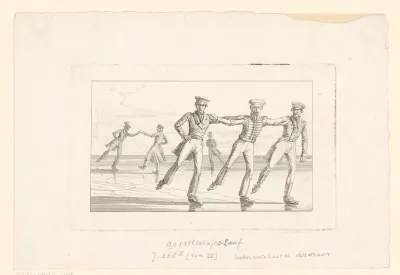 Vijf mannen schaatsen met elkaar
