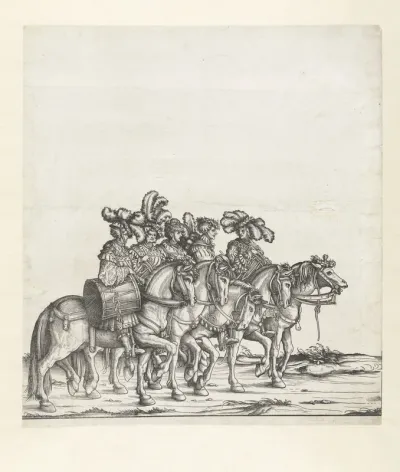 Vijf mannen te paard met trommels