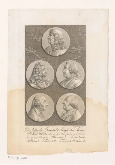 Vijf medailles met de portretten van Friedrich Wilhelm en vier anderen Pruisische koningen