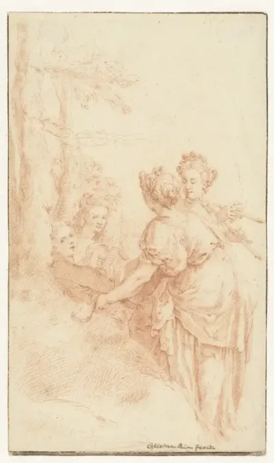 Vijf musicerende vrouwen in een landschap