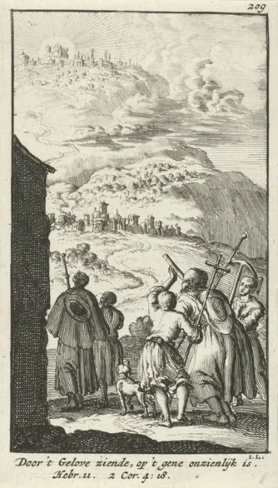Vijf pelgrims, uitkijkend naar een stad op een hoge berg