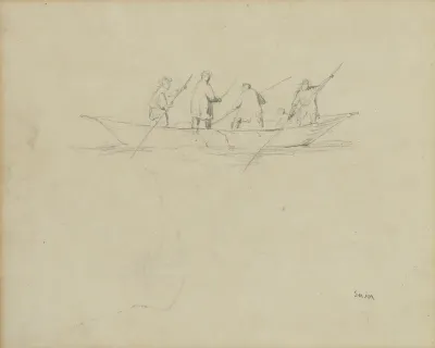 Vijf personages in een boot (verso)