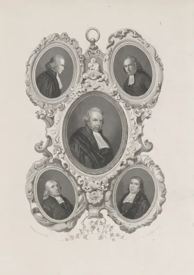 Vijf portretten in medaillon: Prof. Johannes Clarisse, Prof. Herman Muntinghe, Ds. Johan Diederich Deiman, Prof. Jodocus Heringa en Ds. Ewaldus Kist