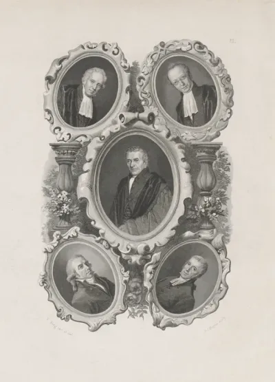 Vijf portretten in medaillon: Prof. Wessel Albertus van Hengel, Prof. Herman Johan Royaards, Prof. Abraham (I) des Amorie van der Hoeven, Prof. Gerrit Jacob Hesselink en Ds. Johan Wilhelm Statius Muller
