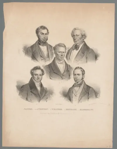 Vijf portretten van de gedeputeerden van de Badense Tweede Kamer in 1842
