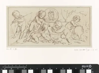 Vijf putti bij een monument met Januskop