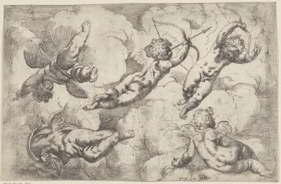 Vijf putti zwevend tussen de wolken