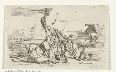 Vijf soldaten rond een kampvuur