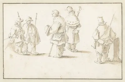 Vijf staande mannen (pelgrims?)