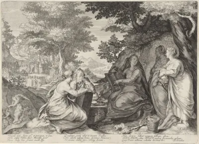 Vijf wijze maagden in een landschap met de prediking door Johannes de Doper