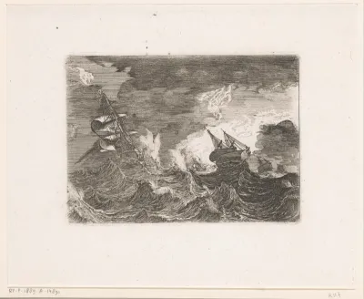 Vijf zeilschepen op zee tijdens een storm