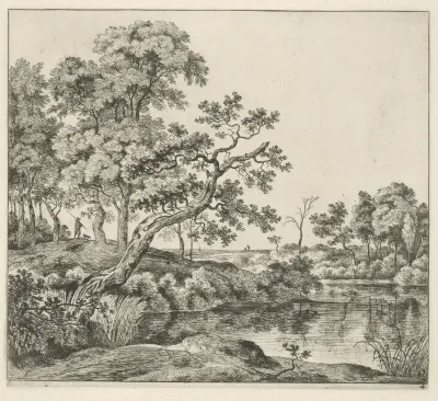 Vijver aan den rand van een boschrijk landschap