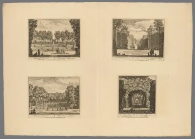 Vijver bij Kasteel Heemstede gezien van links / Vijver bij Kasteel Heemstede gezien van rechts / Groentetuinen bij Kasteel Heemstede / Overdekt pad in de tuin van Kasteel Heemstede