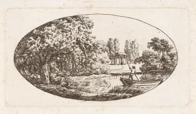 Vijver met aan de overzijde een tempel met beeld