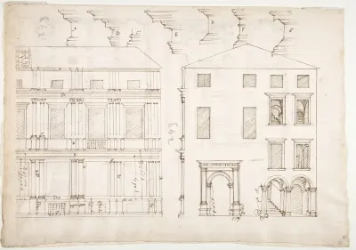 Villa Farnesina, Stables, half front elevation and end elevation (recto) Palazzo Salviati-Adimari, plan (verso)