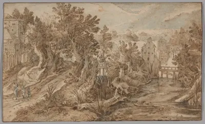 Village Scene with a River and Wooden Bridge