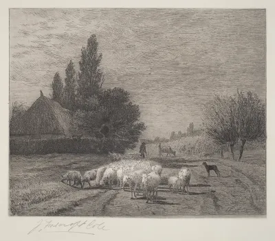 Village Street in France With a Flock of Sheep