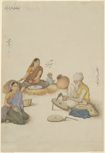 Villagers Grinding Corn, page from the Fraser Album