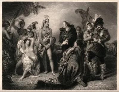 Vincente Valverde trying to persuade the Inca to convert to Christianity rather than be massacred by Pizzarro