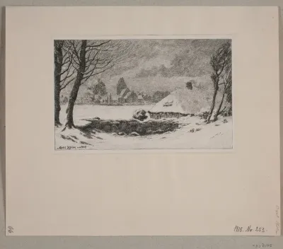 Vinterlandskab med bondehus og kirke