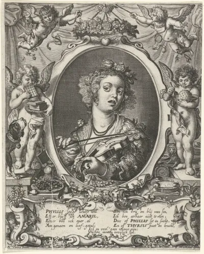 Vioolspelend meisje in ornamentele omlijsting