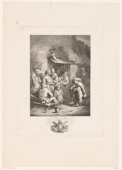 Vioolspelende muzikant voor een huis met luisterende figuren