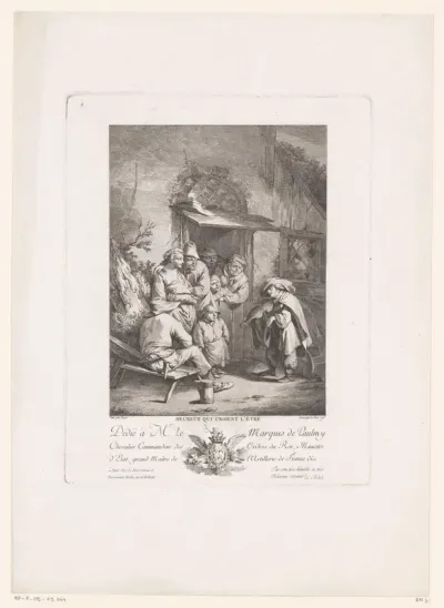 Vioolspelende muzikant voor een huis met luisterende figuren