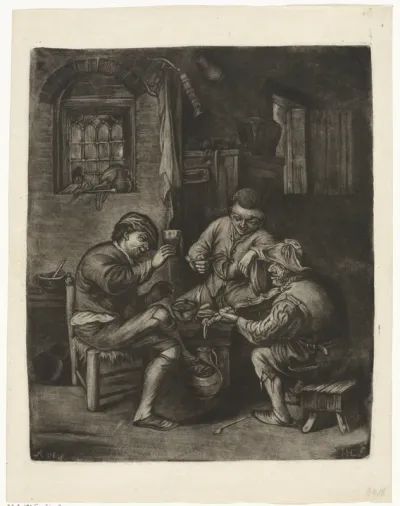 Vioolspelende, rokende en drinkende mannen