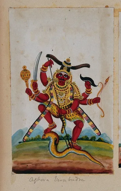 Vīrabhadra with six arms, killing a snake with a trishul (trident)