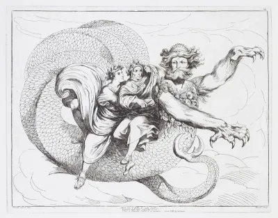 Virgil and Dante sitting on the back of Geryon to be transported from the 8th to the 7th circle of Hell