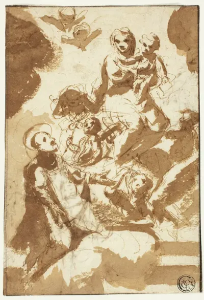 Virgin and Child on Clouds with Kneeling Male Saint (recto); Sketch of Two Female Figures (verso)